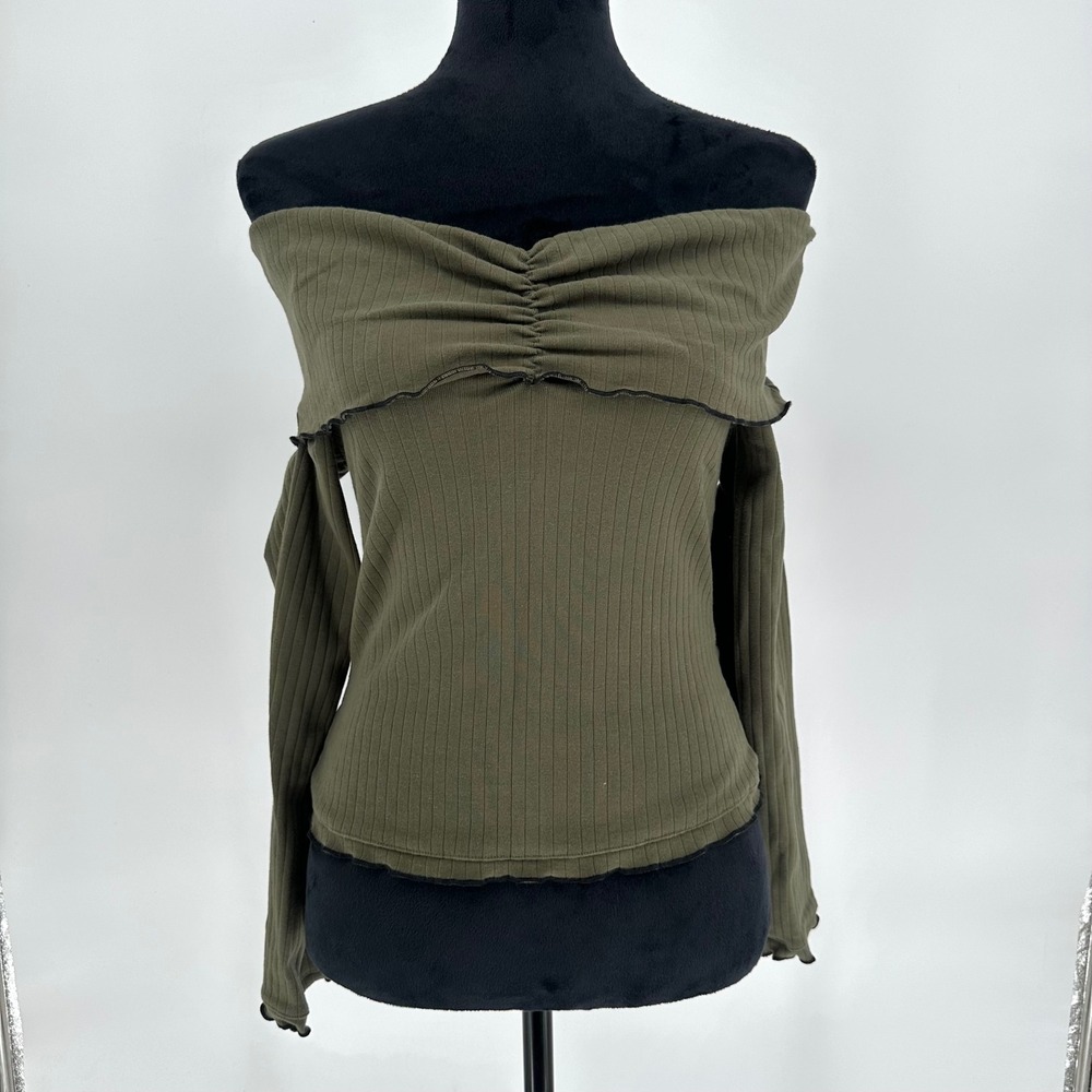 Shyanne Olive Green Off The Shoulder Long Sleeve Top Cotton Women's Small